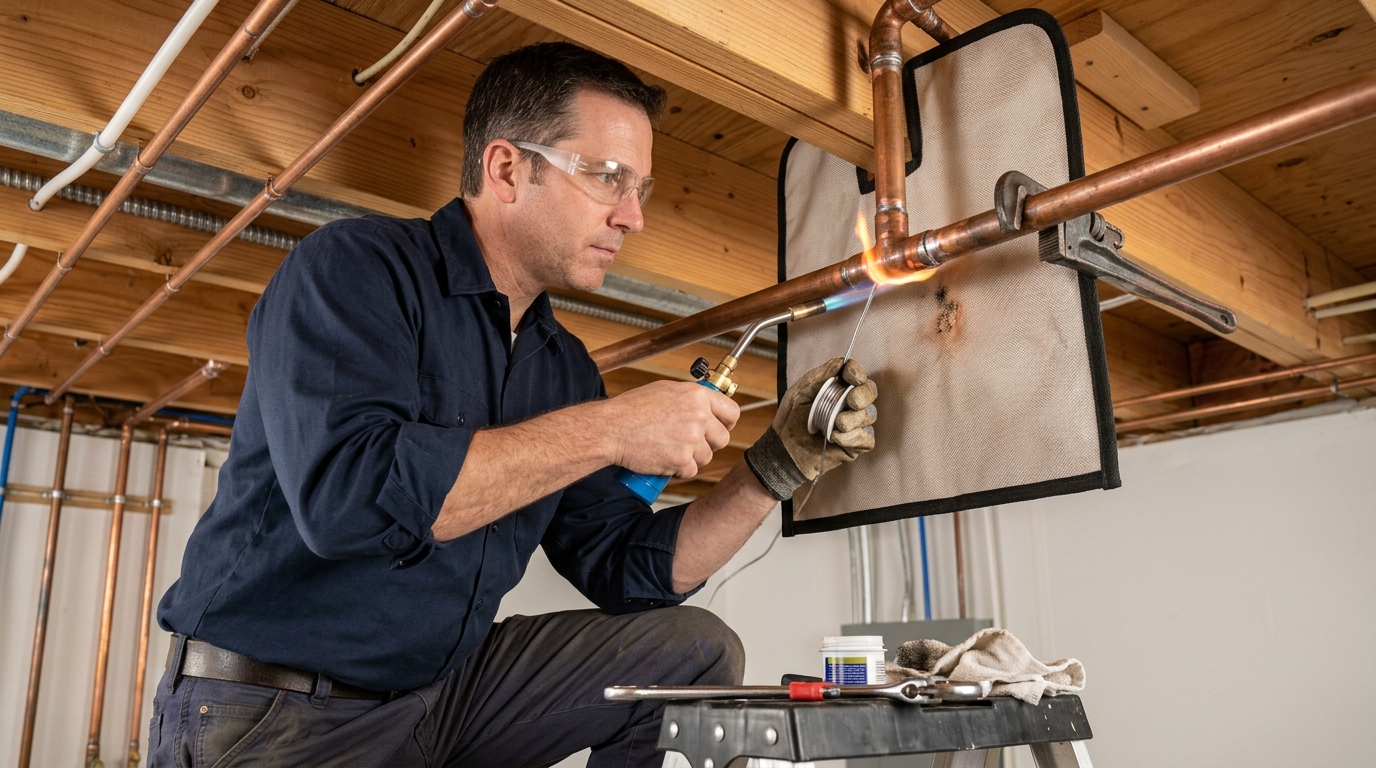 Certified plumber soldering and repairing a burst copper water pipe in a residential basement ceiling in Illinois