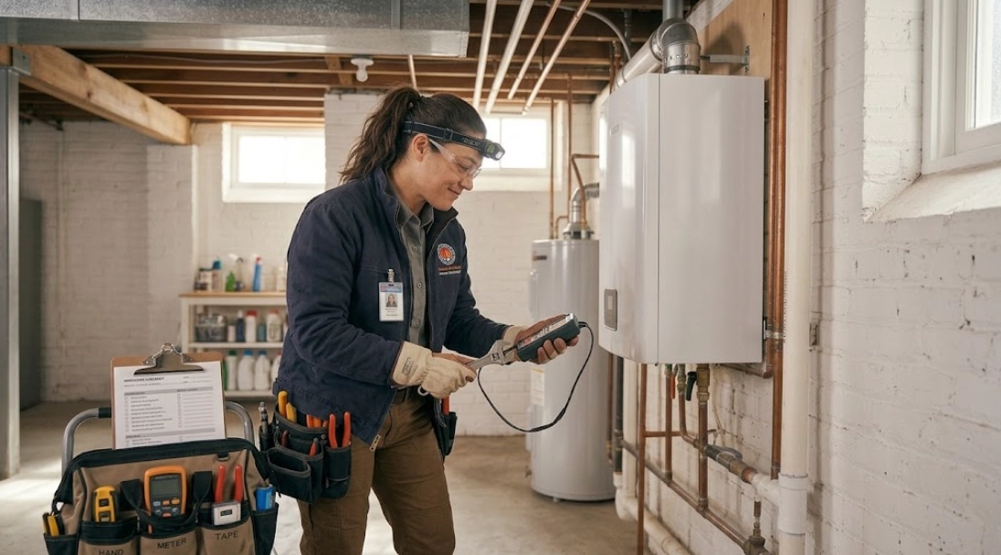Illinois licensed plumbing technician inspecting mechanical pipes and heating controls